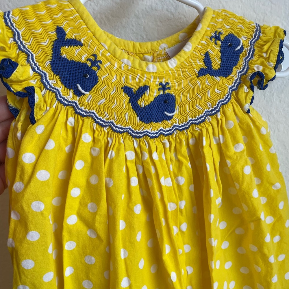 Yellow Polka Dot Dress with Whale Embroidery. Molly Pop dress 24M, 100% cotton